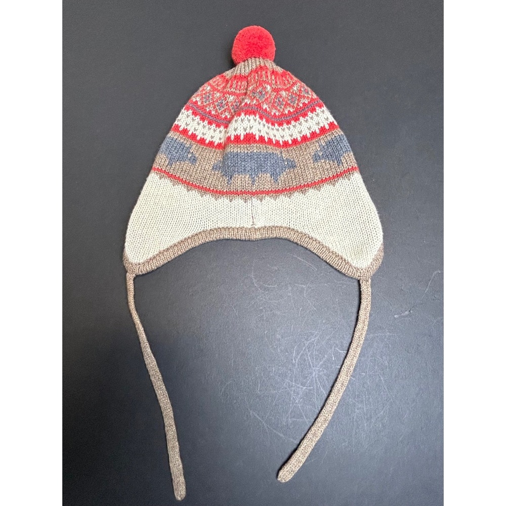 Purebaby Organic Cotton‎ Wool Knit Hat Bear Pattern Earflap Pom Toddler Large